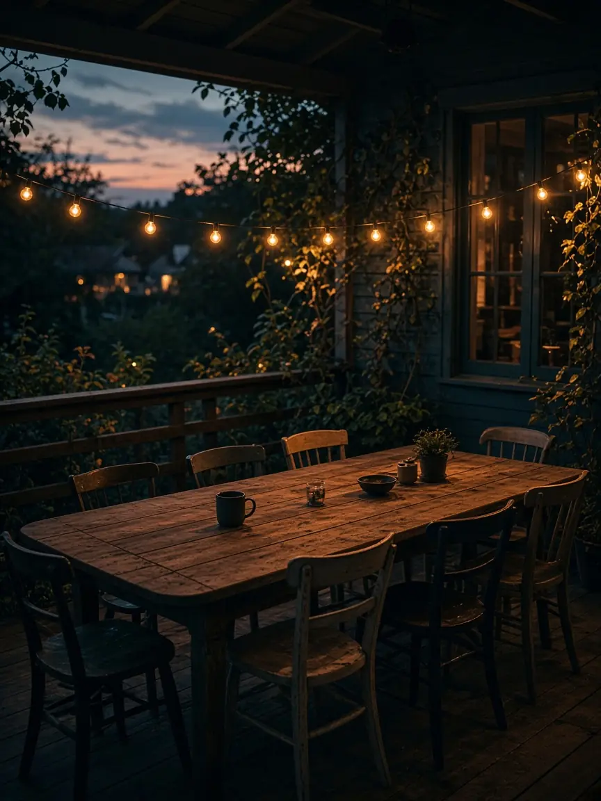A long wooden table on a porch at dusk with six mismatched chairs and warm string lights