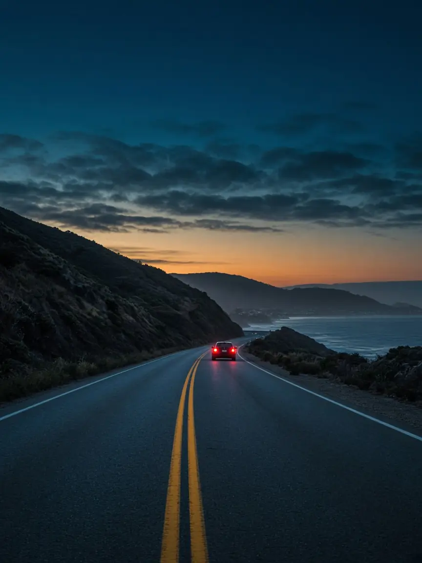 An empty coastal highway at blue hour with one car's red taillights far ahead and the sea beyond