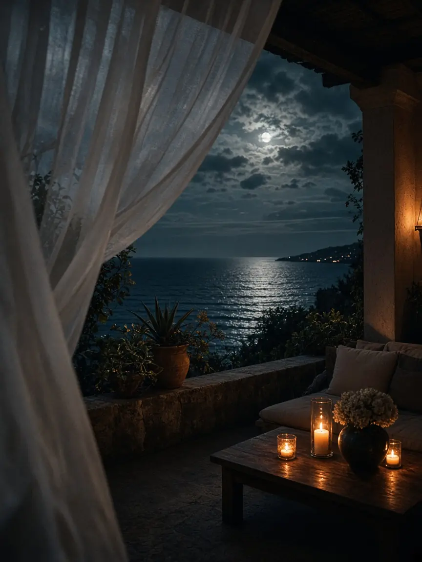 A moonlit villa terrace above the Pacific with a sheer curtain moving in the breeze and candles on a low table